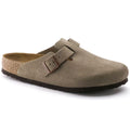 A single taupe suede clog shoe with a double strap buckle closure and a dark outsole, shown from a three-quarters angle on a white background.