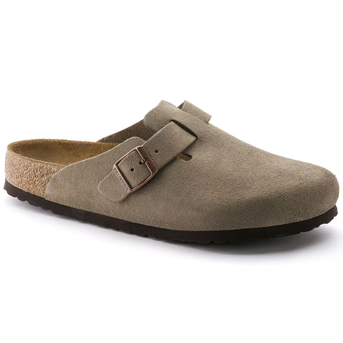 A single taupe suede clog shoe with a double strap buckle closure and a dark outsole, shown from a three-quarters angle on a white background.
