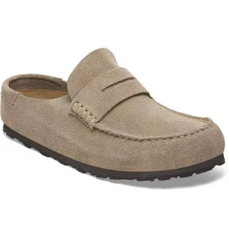 A single taupe suede penny loafer slip-on shoe with a dark outsole, shown from a three-quarters angle on a white background.